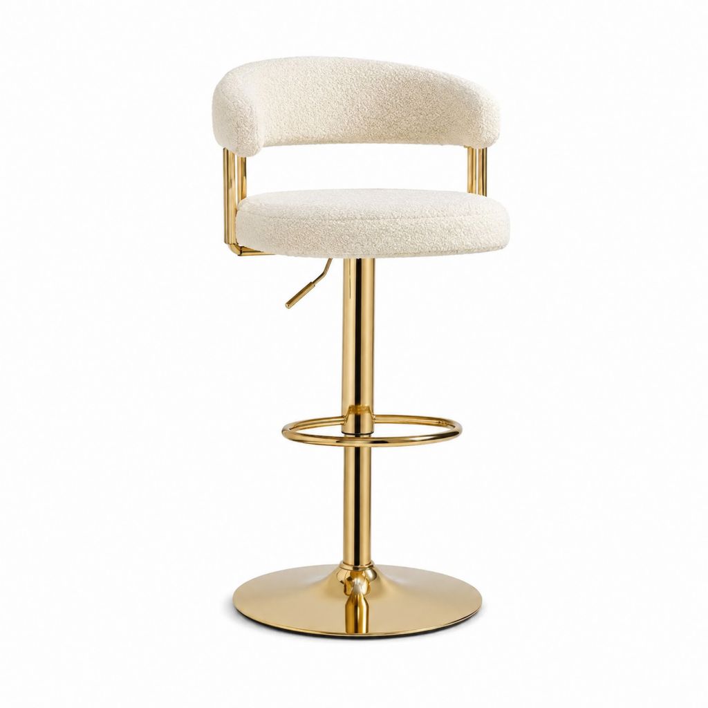 Tabouret de bar pivotant réglable crème en polyester bouclé avec piètement en acier doré 50 x 50 x 88-109 cm