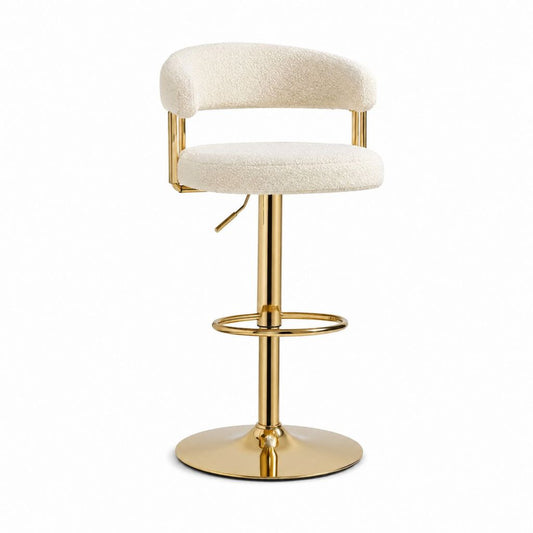 Tabouret de bar pivotant réglable crème en polyester bouclé avec piètement en acier doré 50 x 50 x 88-109 cm