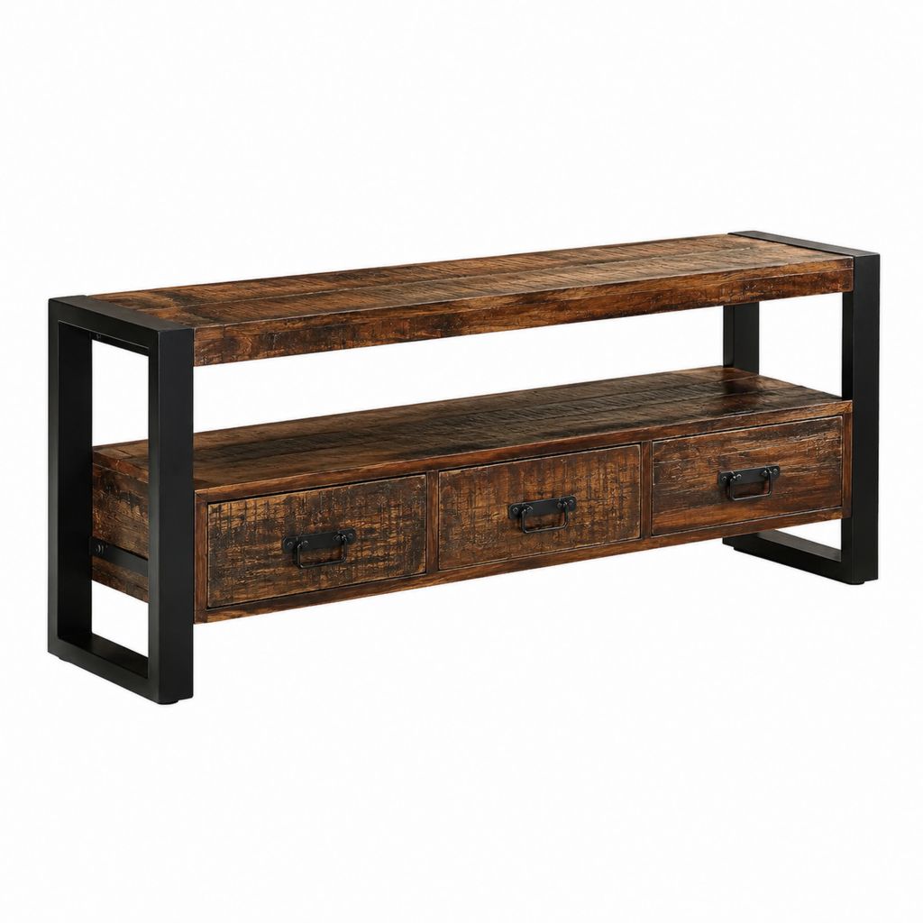 Meuble TV rectangulaire marron et noir en bois massif récupéré et acier 120 x 40 x 60 cm