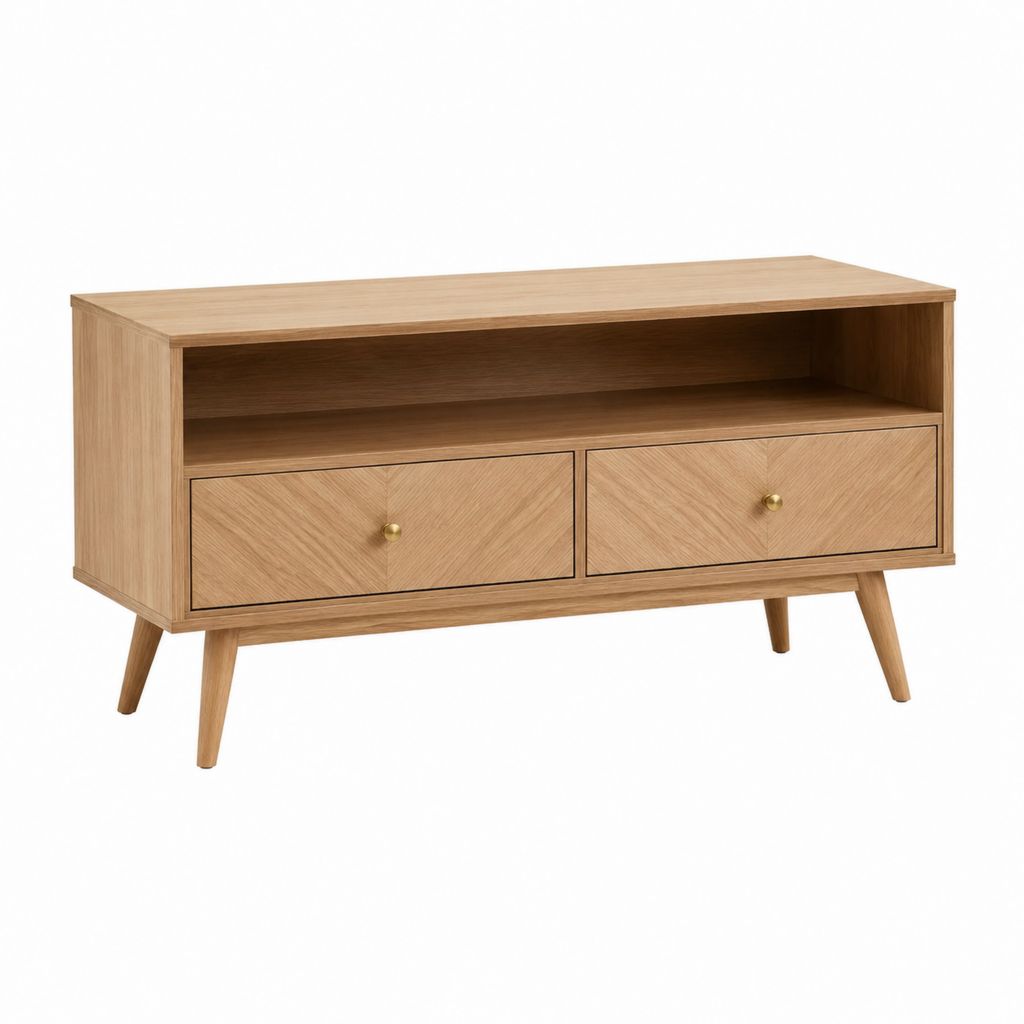 Meuble TV rectangulaire chêne clair en MDF plaqué chêne avec 2 tiroirs 120 x 40 x 70 cm