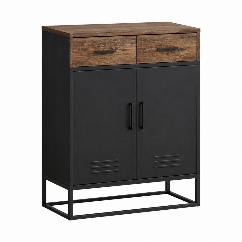 Meuble d'entrée 2 portes 2 tiroirs noir et marron décor chêne 80 x 40 x 110 cm