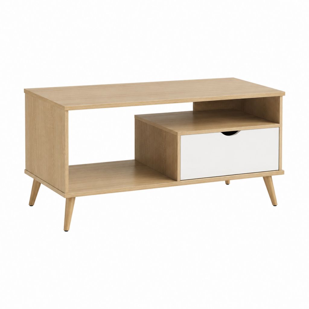 Table basse avec rangement chêne clair et blanc en panneaux de particules rectangulaire 100 x 40 x 50 cm