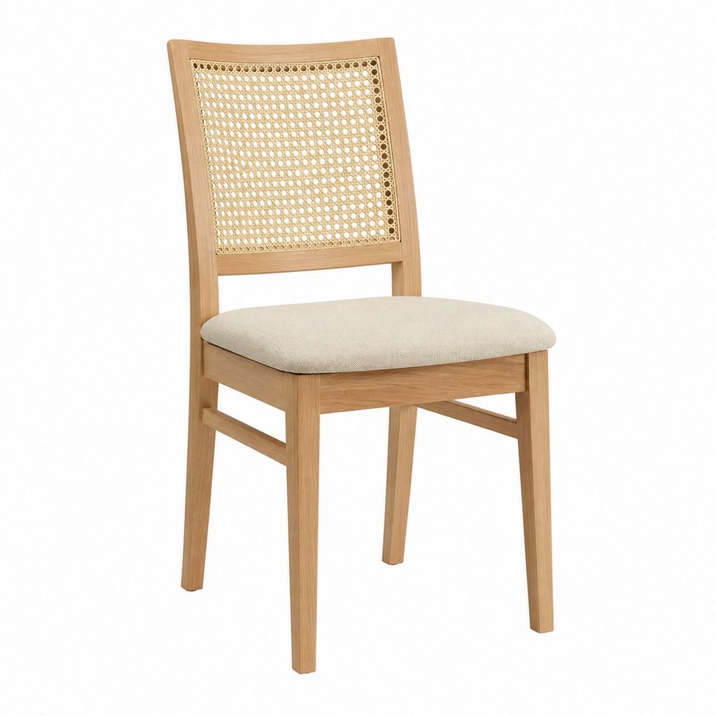 Chaise de salle à manger beige en chêne massif avec dossier en rotin assise rectangulaire 47 x 55 x 90 cm