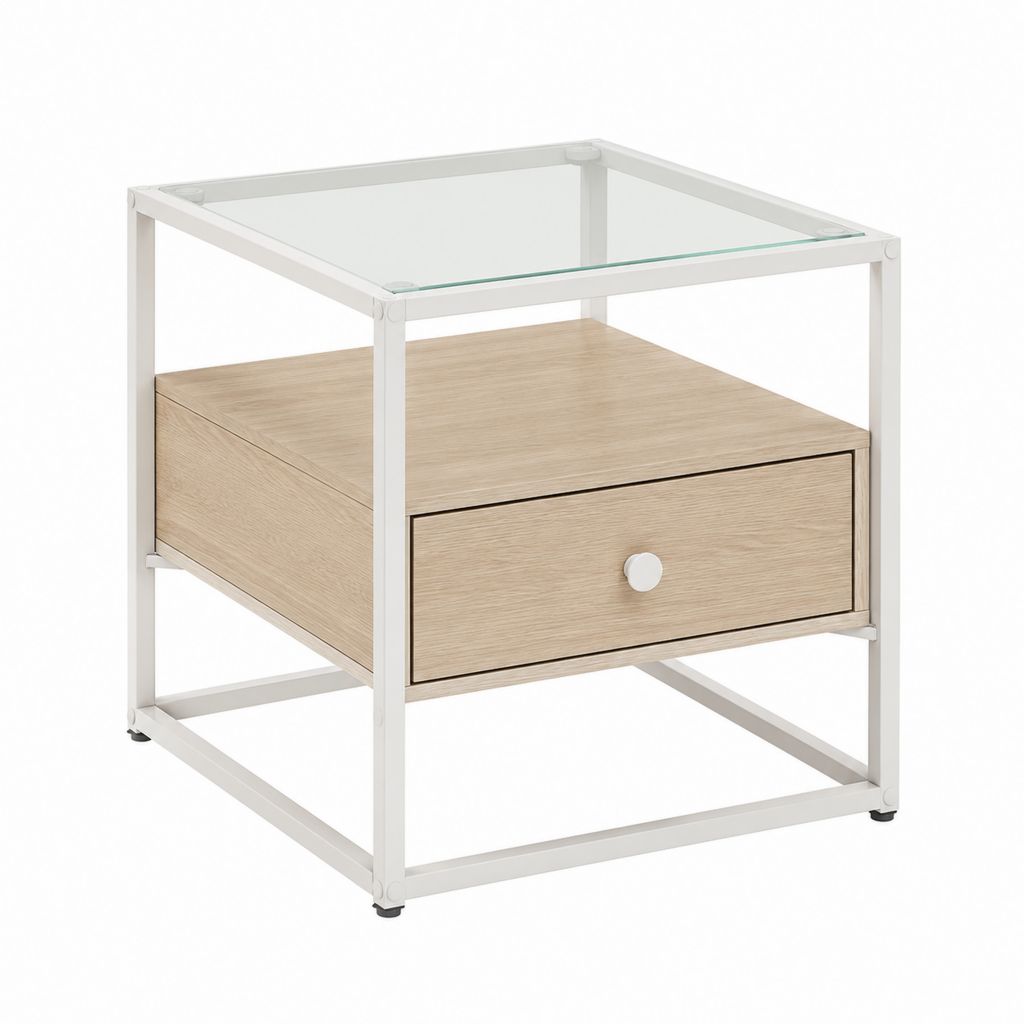 Table basse carrée avec tiroir blanche et chêne en acier verre trempé et MDF 45 x 45 x 55 cm