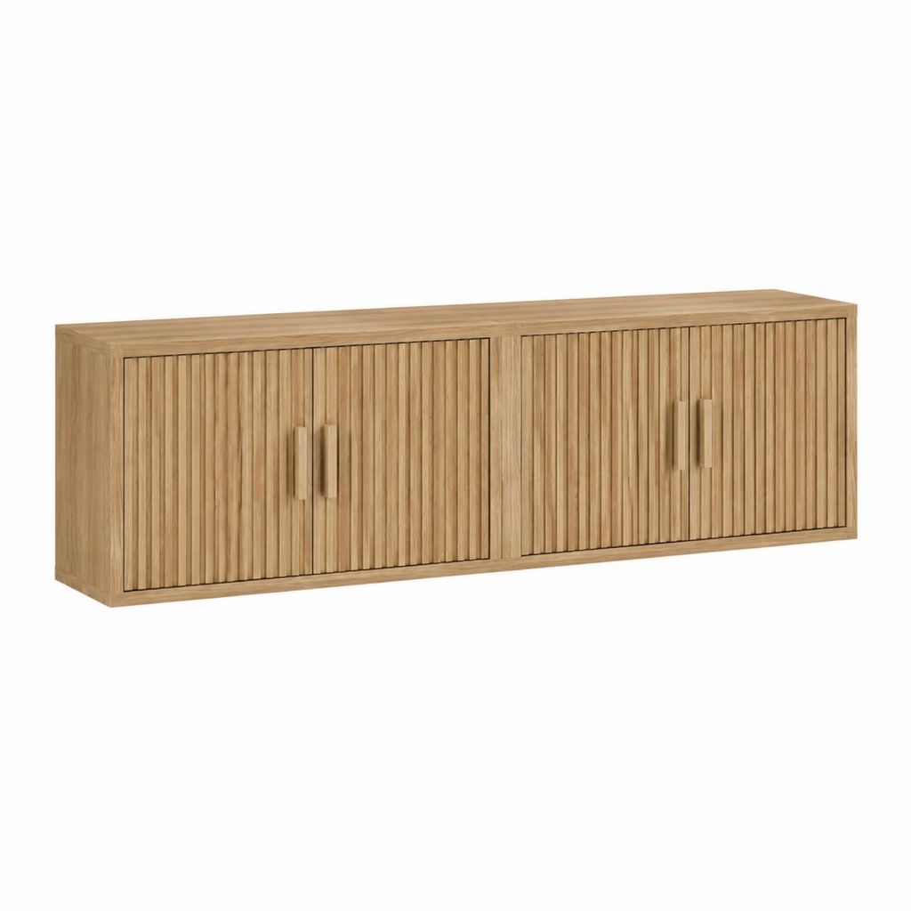 Meuble TV 4 portes chêne naturel MDF plaqué chêne rectangulaire 180 x 40 x 55 cm