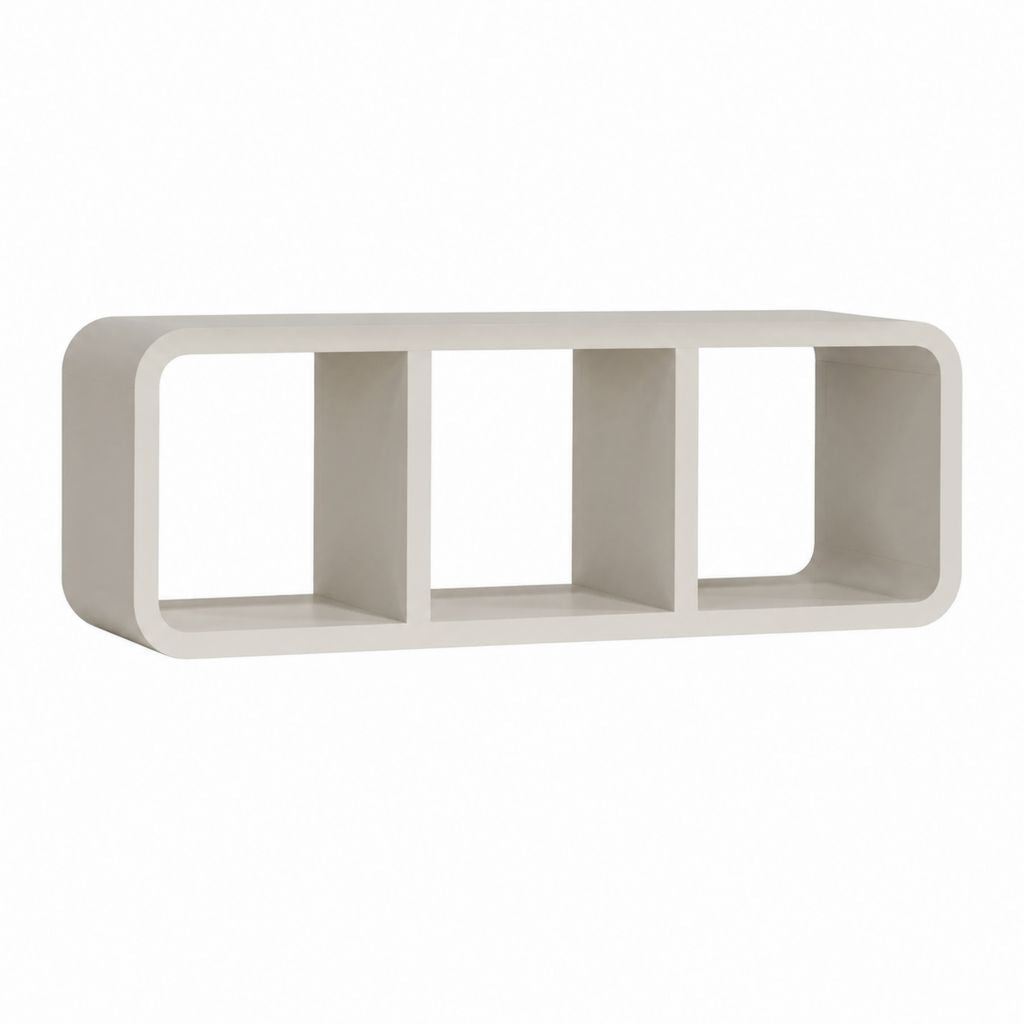 Meuble TV 3 niches beige clair en MDF laqué forme rectangulaire arrondie 120 x 30 x 45 cm