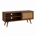 Meuble TV rectangulaire noyer en panneaux MDF et cannage en rotin 120 x 40 x 60 cm avec 1 porte et 2 niches
