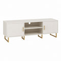 Meuble TV rectangulaire 160 x 40 x 60 cm blanc en panneaux MDF avec 2 portes rainurées et piètement en acier doré
