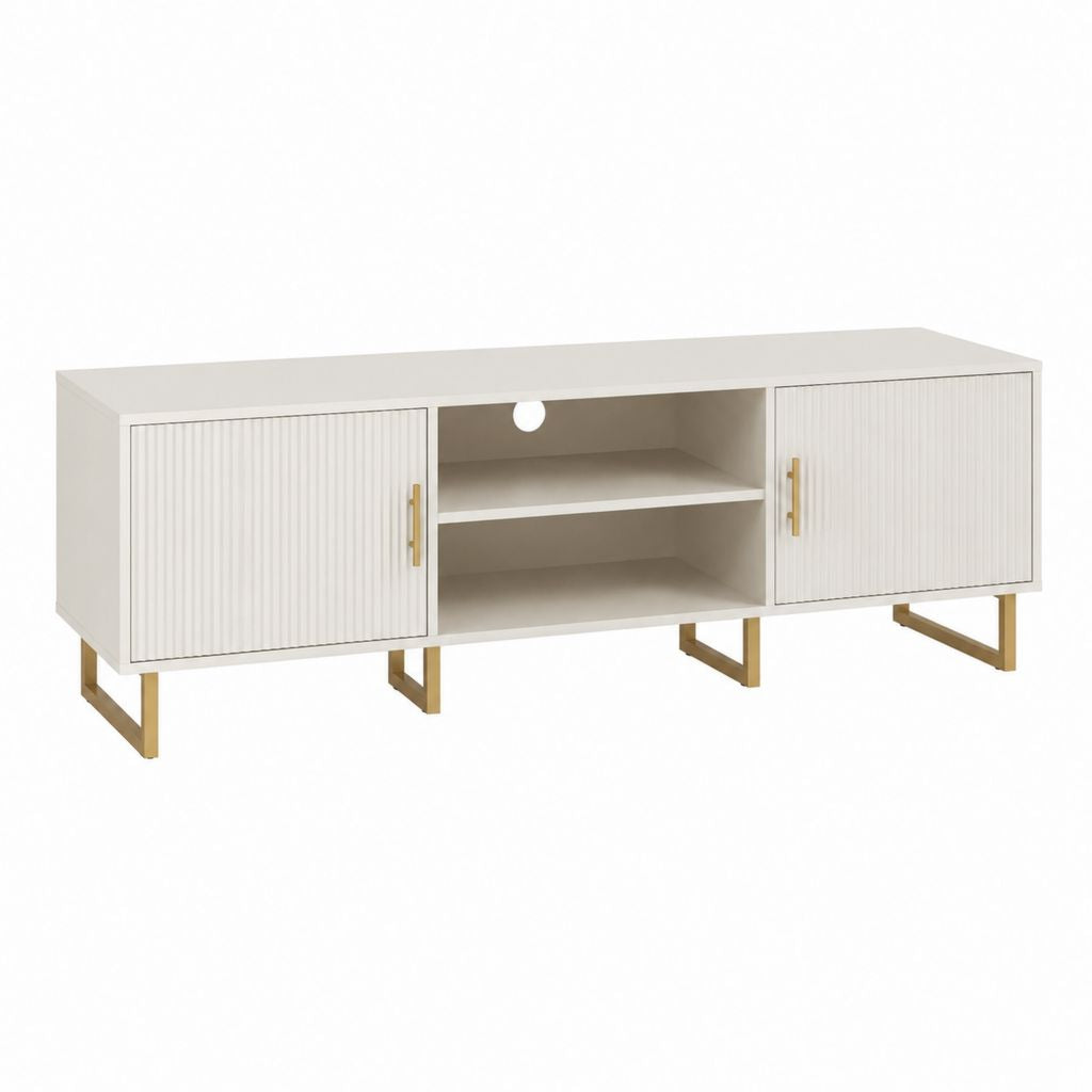 Meuble TV rectangulaire 160 x 40 x 60 cm blanc en panneaux MDF avec 2 portes rainurées et piètement en acier doré