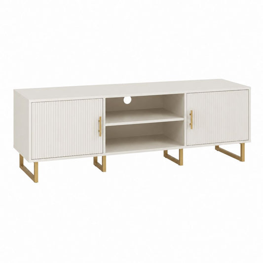 Meuble TV rectangulaire 160 x 40 x 60 cm blanc en panneaux MDF avec 2 portes rainurées et piètement en acier doré