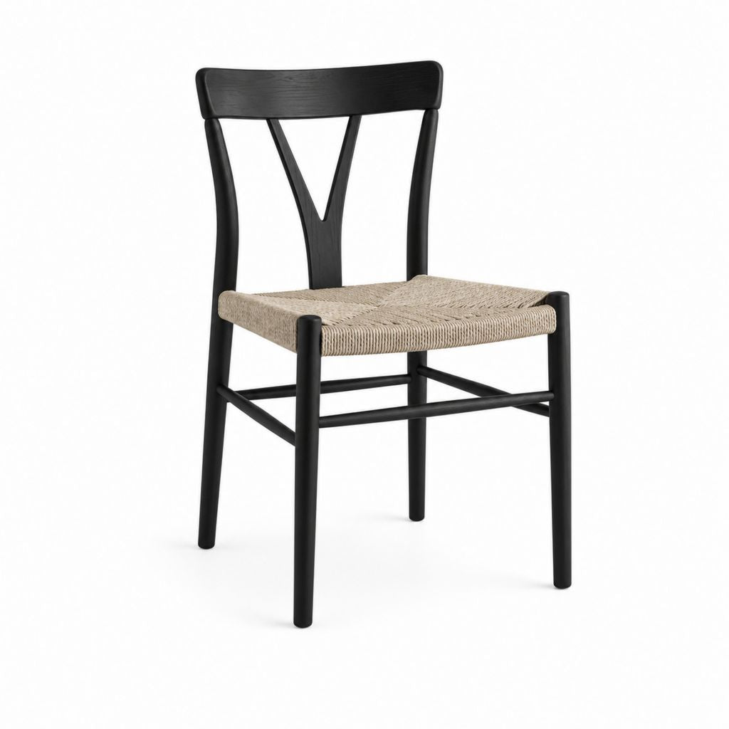 Chaise de salle à manger noire en hêtre massif avec assise tressée en corde de papier 55 x 51 x 76 cm