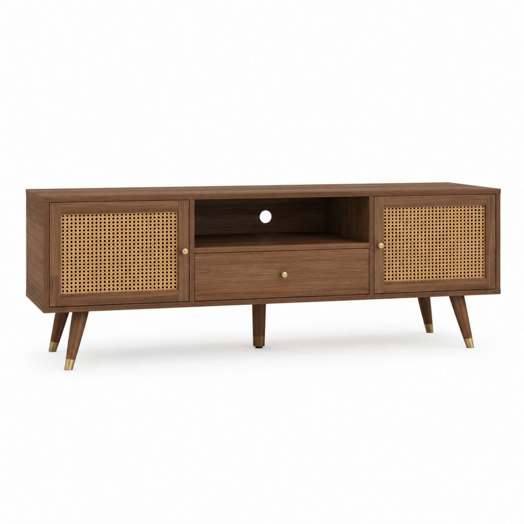 Meuble TV en panneaux MDF noyer avec portes en cannage 160 x 40 x 60 cm